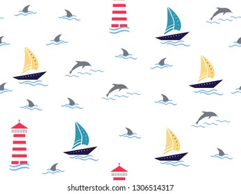 Marine, lighthouse, sailboat seamless pattern. Yachts, boats, dolphins, cute doodle baby elements. Sea summer background. Childish background for fabric, baby clothes, Hand drown design for boys.