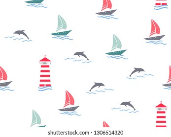 Marine, lighthouse, sailboat seamless pattern. Yachts, boats, dolphins, cute doodle baby elements. Sea summer background. Childish background for fabric, baby clothes, Hand drown design for boys.