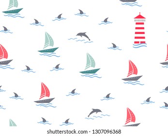 Marine, lighthouse, sailboat seamless pattern. Yachts, boats, dolphins, cute doodle baby elements. Sea summer background. Childish background for fabric, baby clothes, Hand drown design for boys.