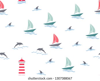 Marine, lighthouse, sailboat seamless pattern. Yachts, boats, dolphins, cute doodle baby elements. Sea summer background. Childish background for fabric, baby clothes, Hand drown design for boys.