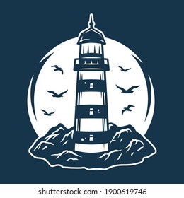 Marine lighthouse, seagull and mountain. Nautical wanderlust and adventure beacon illustration