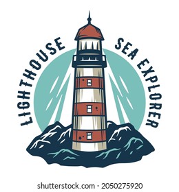 Marine lighthouse, seagull and mountain. Nautical wanderlust and adventure beacon illustration