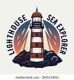 Marine lighthouse, seagull and mountain. Nautical wanderlust and adventure beacon illustration