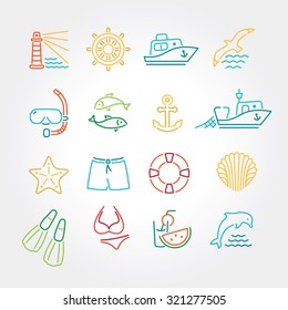 Marine line icon color, logo, logotype - dolphin, lighthouse, seagull, bird, boat, ship, fishing, fish, anchor, starfish, swimsuit, shorts, fins, steering wheel, lifebuoy, watermelon, cocktails, shell