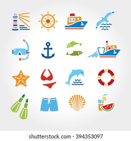 Marine line icon color, logo, logotype. Dolphin and lighthouse, seagull bird, boat ship, fishing fish. Anchor starfish swimsuit shorts fins, steering wheel lifebuoy watermelon, cocktails, shell