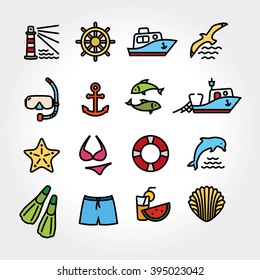 Marine line icon color, logo, logotype. Dolphin and lighthouse, seagull bird, boat ship, fishing fish. Anchor starfish swimsuit shorts fins, steering wheel lifebuoy watermelon, cocktails, shell