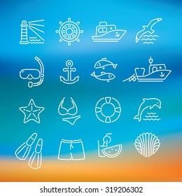 Marine line icon, logo, logotype - dolphin, lighthouse, seagull, bird, boat, ship, fishing, fish, anchor, starfish, swimsuit, shorts, fins, steering wheel, lifebuoy, watermelon, cocktails, shell