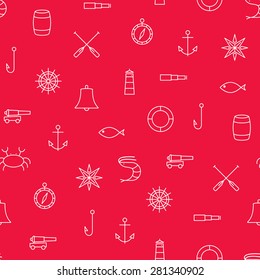 Marine line icons seamless vector pattern on red background