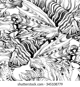 Marine lionfish (Pterois volitans) seamless monochrome pattern on white background, vector illustration