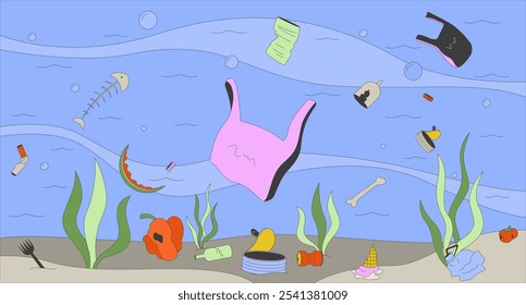 Basura marina flotando bajo el agua ilustración plana del océano. Fondo de dibujos animados 2D de residuos plásticos y orgánicos submarinos. Desastre ambiental. Agua contaminada. Escena de contaminación del mar Imagen de Vector