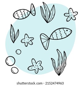 Marine little fish blak ink outline in doodle style 