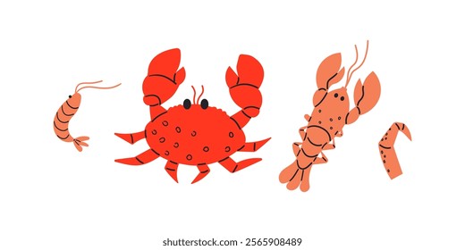 Marine lobster , crabs, shrimps . Ocean life and sea creatures, animals . Flat vector hand drawn illustration for web design , card restaurants and web design .