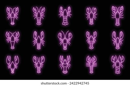 Marine lobster icons set. Outline set of marine lobster vector icons neon color on black