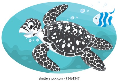 Marine loggerhead turtle and striped fish swimming over a coral reef in a tropical sea