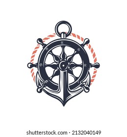 Marine logo. anchor and lifeline. Black and white vector illustration.