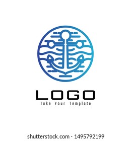 marine logo, anchor and wave design template