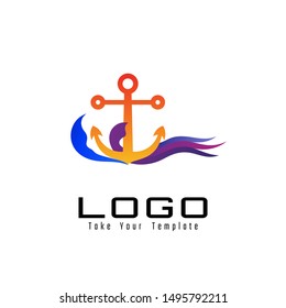marine logo, anchor and wave design template