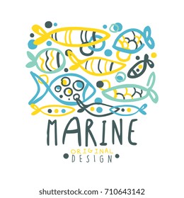 Marine logo design, summer travel and sport hand drawn colorful vector Illustration