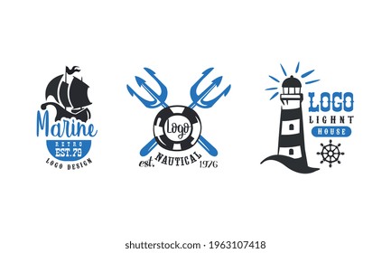 Conjunto de plantillas de diseño de logotipos marinos, etiquetas retro náuticas, ilustración de vectores de insignias