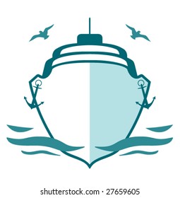 Marine logo. Vector icon of ship and seagulls