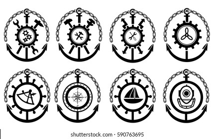 Marine logos (diver, navigator, mechanic and electrician)