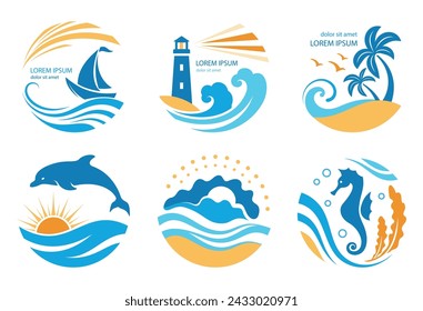 Marine logos and icons. Summer tropical labels and emblems with sailboat, palm trees, waves and lighthouse. Signs and symbols of travel and tourism. Vector illustration