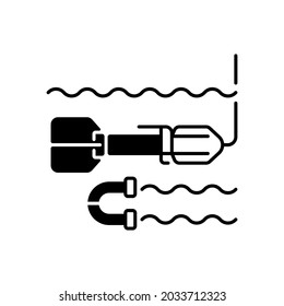 Marine magnetometer black linear icon. Scientific instrument used to measure magnetic field strength. Device used to find iron ore. Outline symbol on white space. Vector isolated illustration