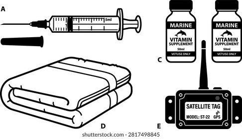 Marine Mammal Rescue and Research Vector Set Featuring Veterinary Syringe Dolphin Vitamin Supplements Folded Towel Blanket and GPS Satellite Tag Graphics.eps