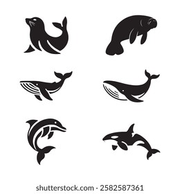 Marine Mammal Silhouette Icons, Whale Dolphin Seal Manatee Orca Vector Set, Ocean Wildlife Illustration, Aquatic Animal Logo,
 Marine Life Conservation, Nautical Design, Sea Creature Clipart  