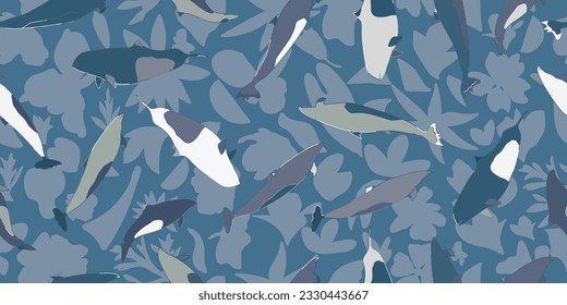 Marine mammals flat style seamless pattern. Porpoises Cartoon Background. Vector illustration. 