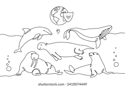 Marine mammals. Protection of dolphins, whales, fur seals, sea cows, seals and walruses. Marine Mammal Protection Day. Images produced without the use of any form of AI software at any stage. 