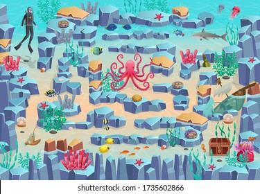 Marine maze game for children. Help the diver swim to the chest avoiding the anglerfish,  shark, octopus.