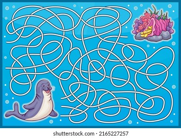 Marine maze game with cute cartoon seal. Kids labyrinth with road to pirates treasure. Children vector printable worksheet and activity page.