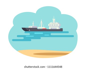 Marine means of transport, vessel for transportation of people across seas and oceans, cruise for travelers making long distances, vector illustration