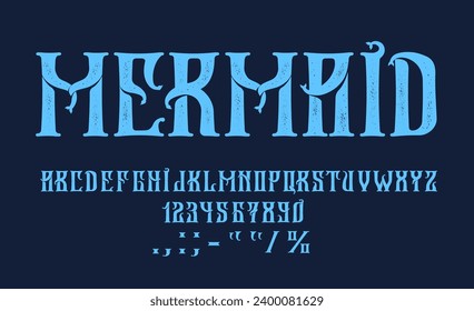 Marine mermaid font, retro sea type or vintage typeface of English alphabet, vector ABC letters. Cartoon ocean mermaid tail font with typography signs and symbols, grunge blue water or marine typeface