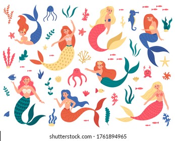 Marine mermaids. Cute mermaid princess, fairy mermaid girls with ocean marine elements, hand drawn magic underwater world vector illustration set. Seahorse swimming, octopus and colored mermaid