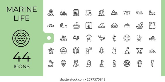 Marine modern icons. Includes thin line anchor, ocean, nautical, sail, water, ship, fish and more. Set of line pictogram. Sea icon. Minimalistic icon collections.
