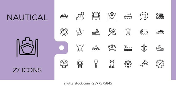 Marine modern icons. Includes thin line anchor, ocean, nautical, sail, water, ship, fish and more. Set of line pictogram. Sea icon. Minimalistic icon collections.