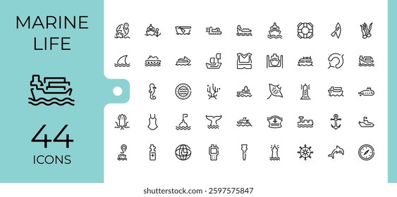 Marine modern icons. Includes thin line anchor, ocean, nautical, sail, water, ship, fish and more. Set of line pictogram. Sea icon. Minimalistic icon collections.