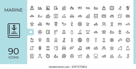 Marine modern icons. Includes thin line anchor, ocean, nautical, sail, water, ship, fish and more. Set of line pictogram. Sea icon. Minimalistic icon collections.