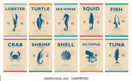 Marine mood Poster concept. Seafood Banner design template for marketing, social media, advertising, interior or web. Retro and vintage style. Vector graphic. EPS10.