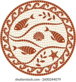 Marine mosaic ornament with fish, shell and starfish in terracotta and beige tones for tiles, ceramics, wall decor, flooring, textile, wallpaper and surface design.