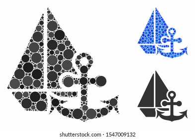 Marine mosaic of small circles in variable sizes and color hues, based on marine icon. Vector random circles are composed into blue mosaic. Dotted marine icon in usual and blue versions.