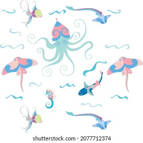 Marine motif vector pattern in pastel colors. Octopus, seahorse and fish. Kids textile or stationery design