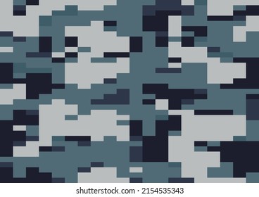 Marine Multi-scale Camouflage, Seamless Pattern. Digi Camo Vector, Modern 8bit Pixel Texture, Digicamo Design