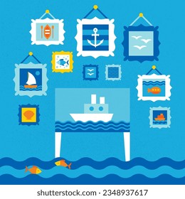 Marine Museum Exhibition. Paintings. Vector Illustration of Sea and Ocean. Boat themed Concept.