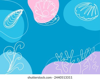 Marine nature abstract wallpaper in a continuous line art style, light blue trendy sea background with corals, mussel, seashells, clam. Premium vector illustration for your design.