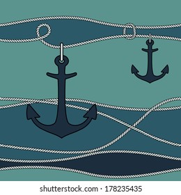 Marine nautical anchor with a coiled rope. Vector background