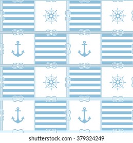 Marine and nautical background with anchor, wheel, rope, knot. Seamless background. Vector illustration. The idea for a card, packaging.