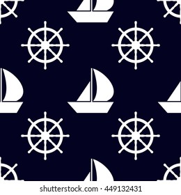 Marine and nautical backgrouns in blue and white colors. Sea theme. Cute seamless patterns design. Vector illustration.